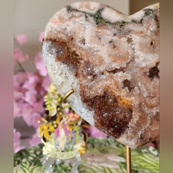 Pink Amethyst Heart w/ Jasper on Stand Crystal Home Decor Gifts - Picture 2 of 7
